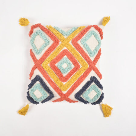 Handwoven Cotton Geometric Shaggy Cushion Cover with Tassels