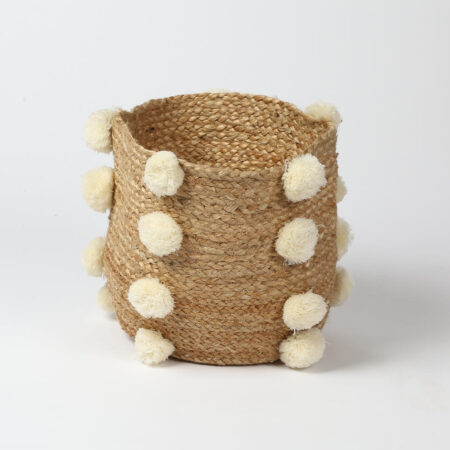 Hand Braided Pom Pom Jute Basket