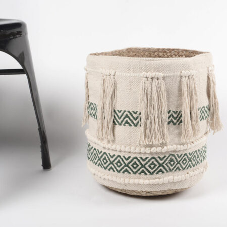 Handwoven Olive Cotton & Braided Jute Basket