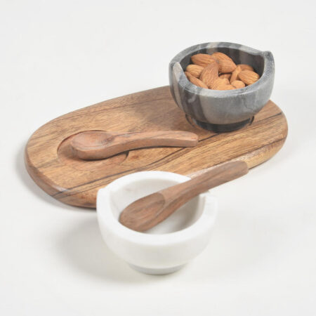 Set of Turned Marble Bowls With Acacia Wood Spoon & Tray