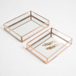 Minimal Rose-gold Metal & Glass Vanity Trays with Mirror Base (set of 2)